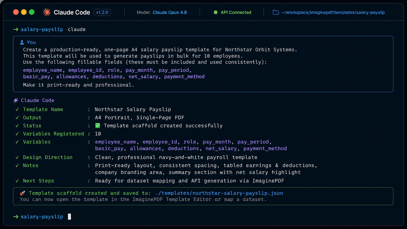 Claude Code generating an ImaginePDF payslip template from a prompt