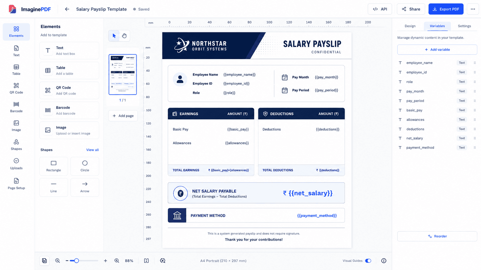 The ImaginePDF canvas editor laying out a payslip with variables